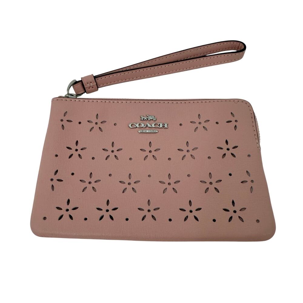 Coach Corner Zip Wristlet Clutch Laser Cut Star Floral Design Petal Pink F67608
